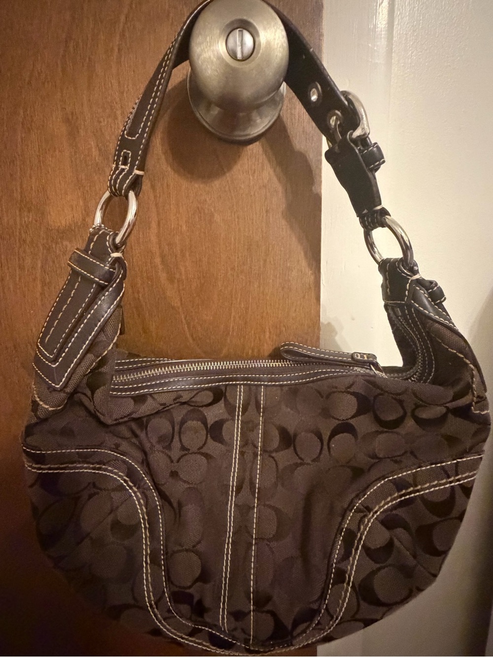 Coach Brown Signature-Print Shoulder Bag with Contrast Stitching